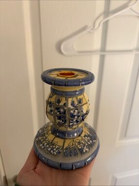 Hand-Painted Ceramic Candlestick Holder in Yellow and Blue